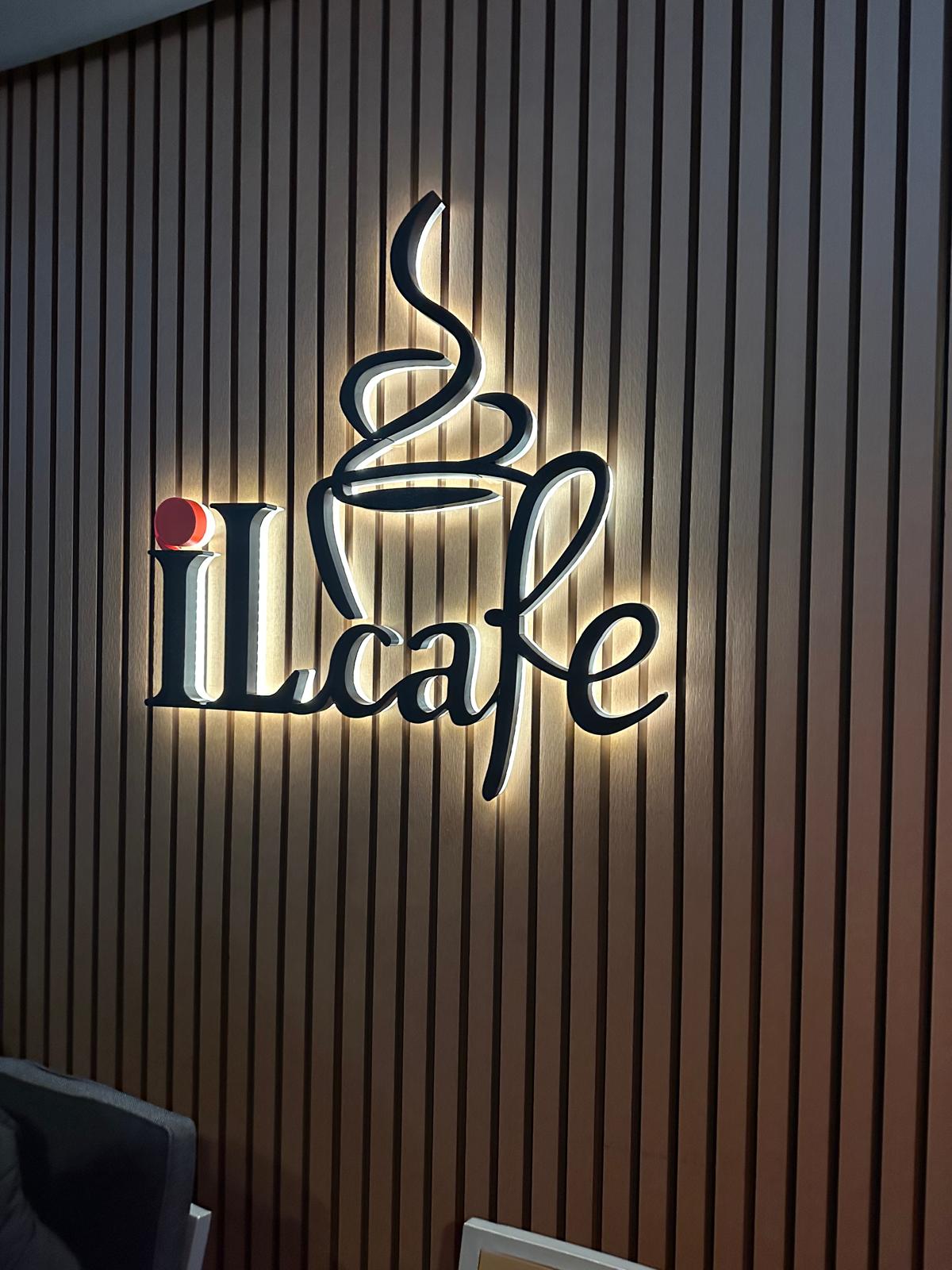 iLcafe back-lit decorative sign on wood